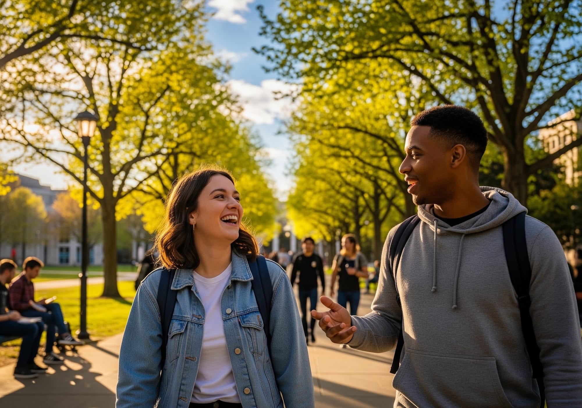 A photo of two students talking and laughing outdoors on a sunny college campus, symbolizing peer support and community.