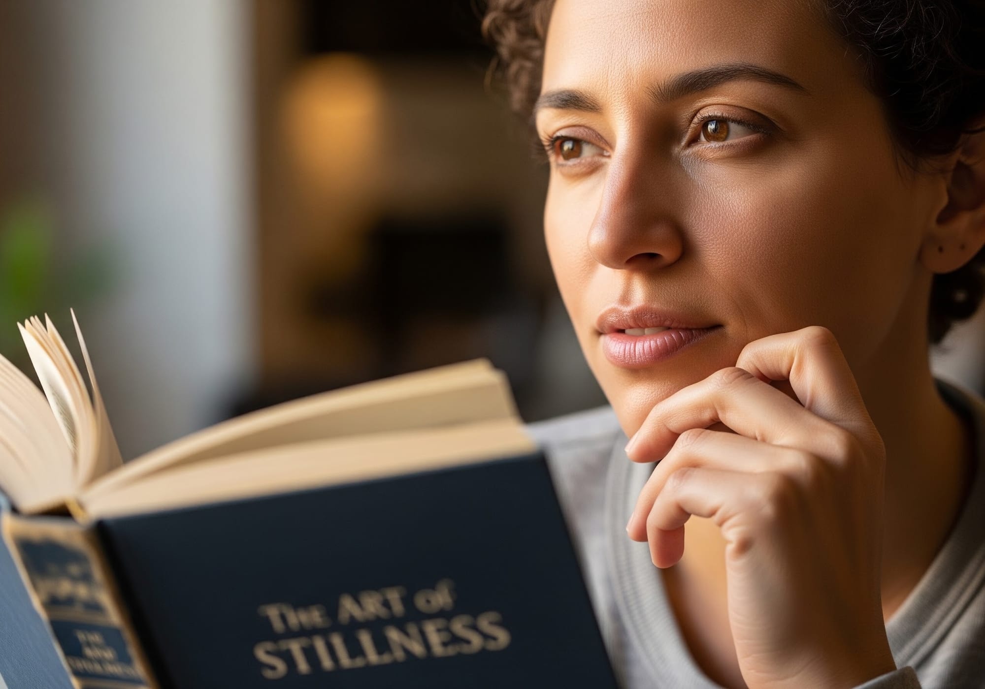 Close-up image of a person reading a book and looking thoughtful
