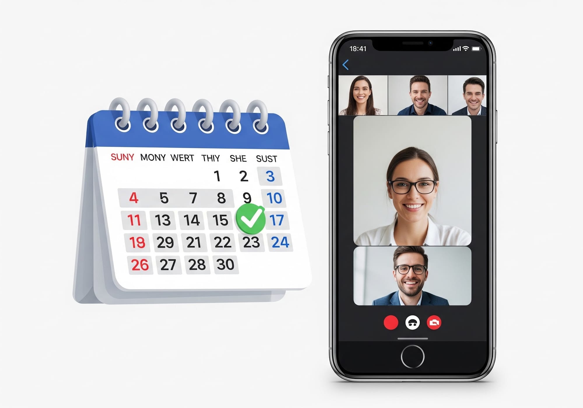 A calendar icon with a checkmark on a date, next to a smartphone showing a video call screen.